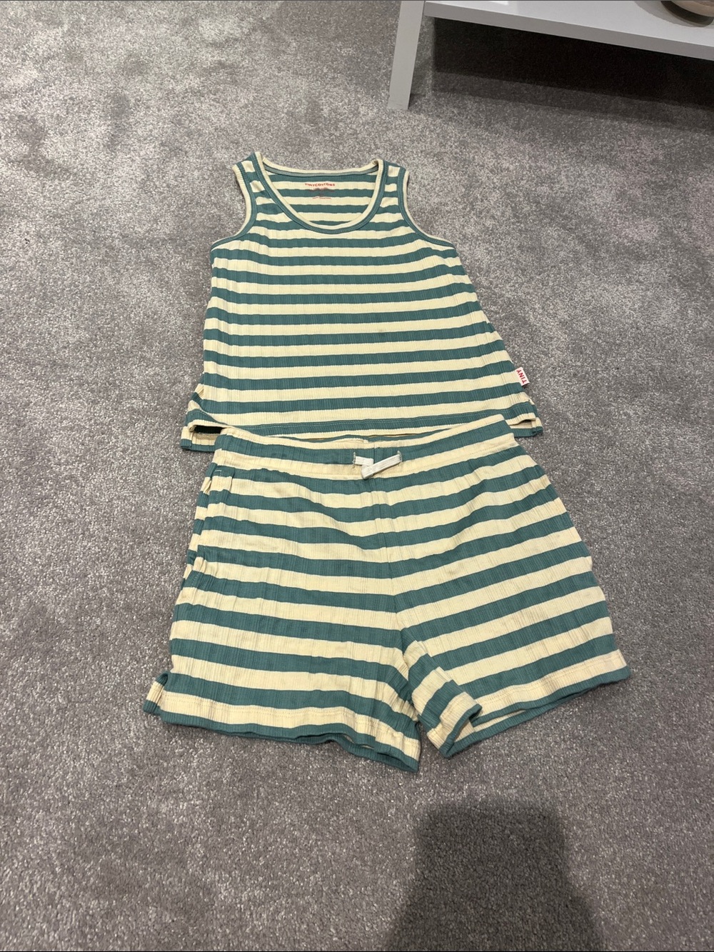 Tiny Cottons Striped Ribbed Tank and Shorts Set in Sage and Cream